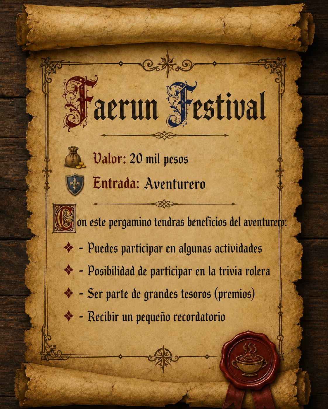 Adventurer ticket — 20,000 COP. Activities, RPG trivia, prizes, and a souvenir.