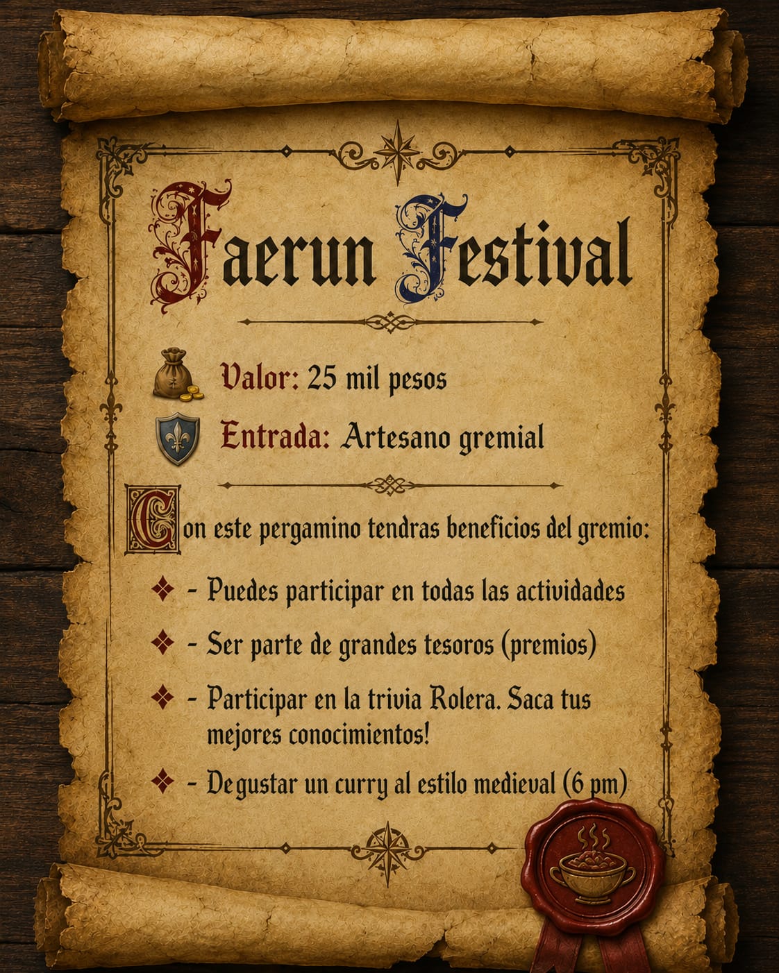 Guild Artisan ticket — 25,000 COP. All activities, trivia, prizes, and medieval curry at 6 pm.