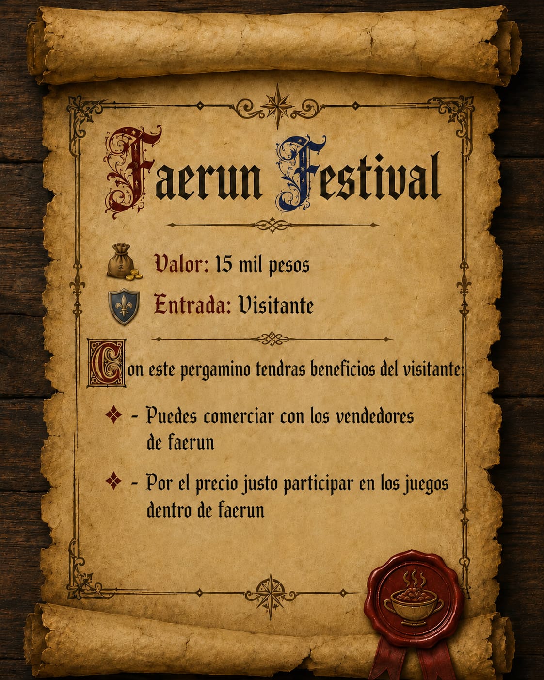Visitor ticket — 15,000 COP. Trade with vendors and join games at fair price.